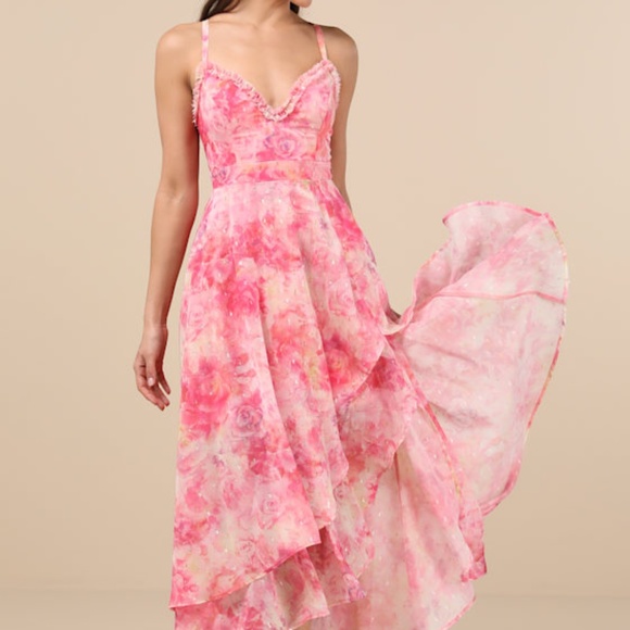 Lulus Desdra Pink Floral Ruffled Tiered High-low Maxi Dress - Size M - Picture 1 of 1